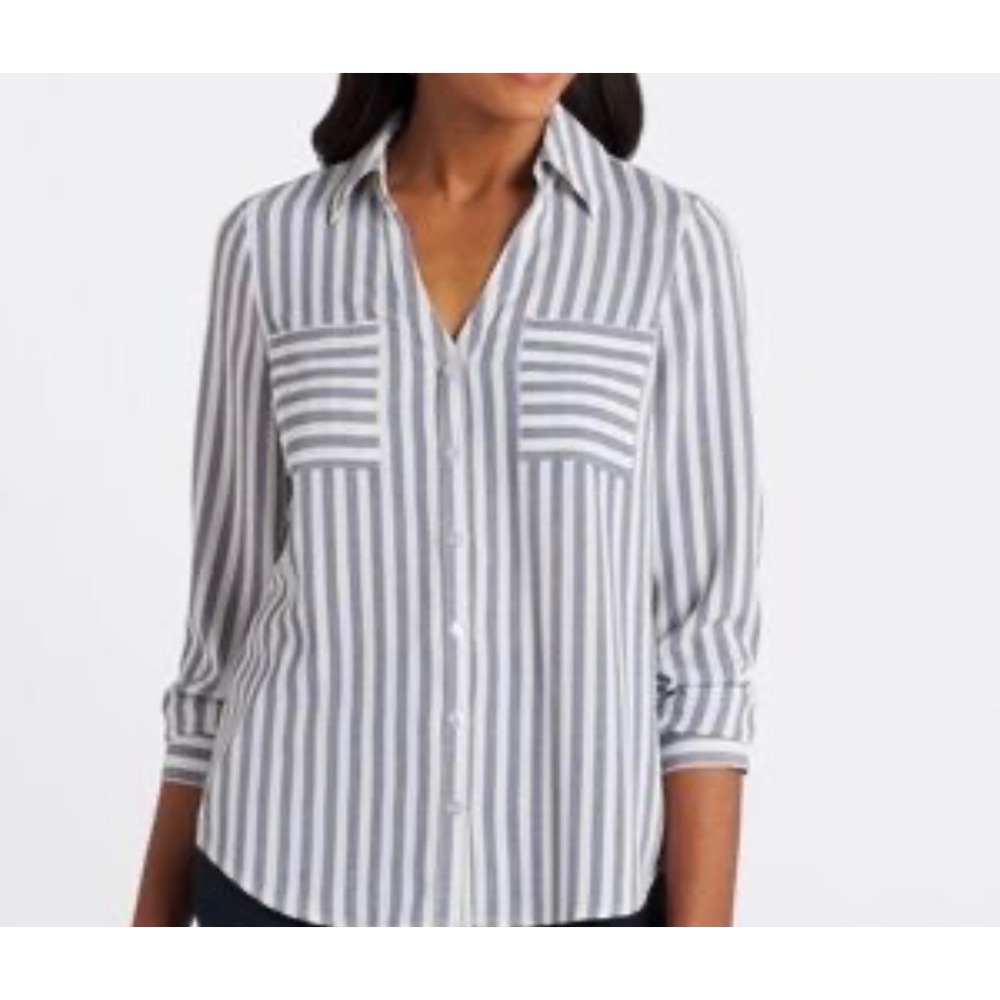Fortune + Ivy Womens Grey White Striped Button Down Blouse Size L NWT